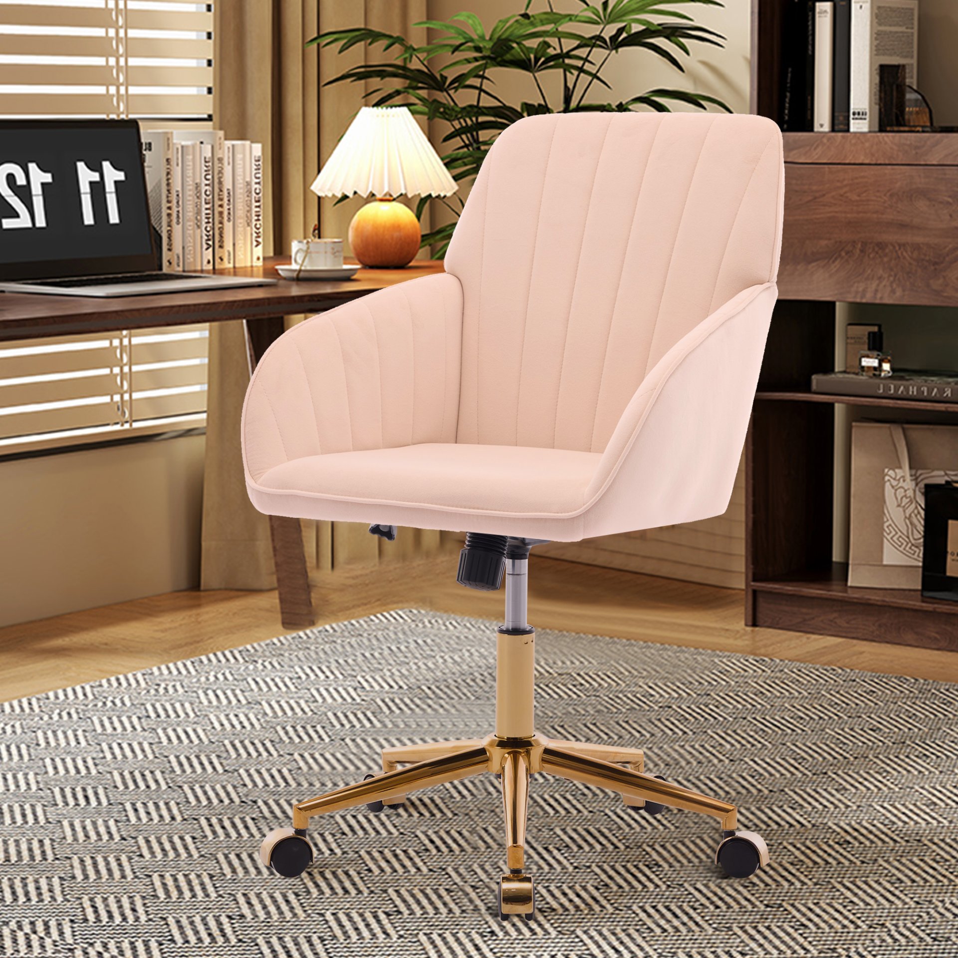 Ergonomic Office Chair With Swivel Function, Velvet, Comfortable For Long Sitting - Khaki - Image 5