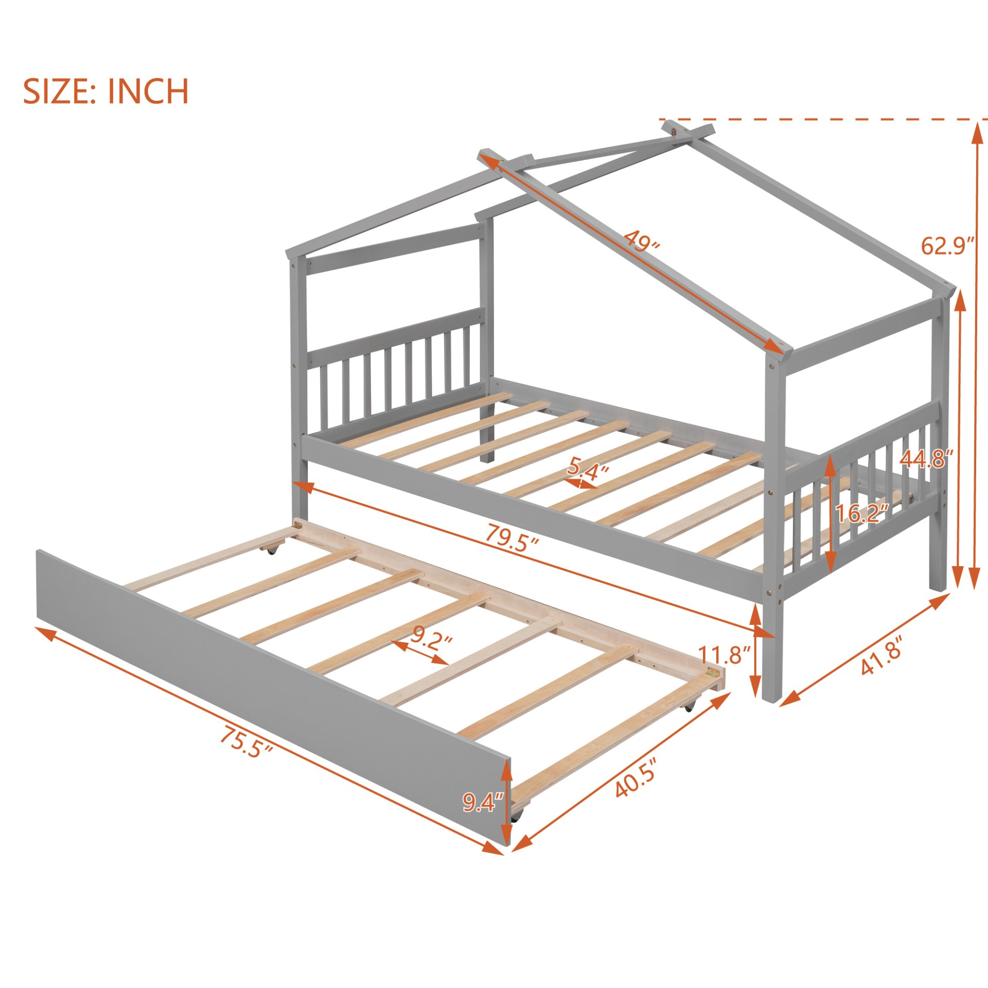 Twin Size House Bed With Twin Size Trundle - Gray - Image 5