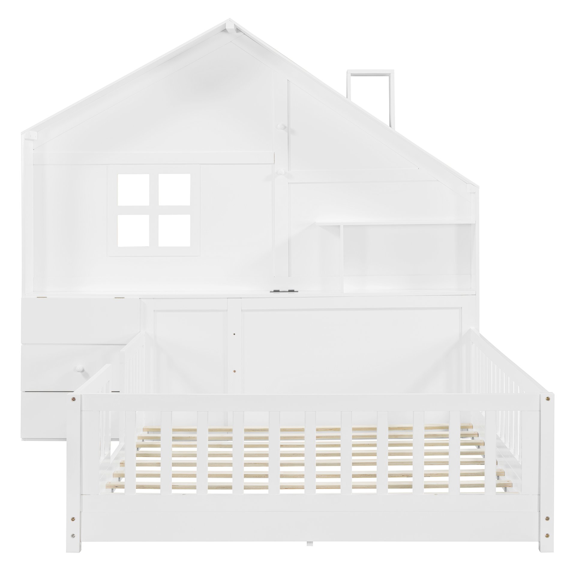 Full Size House Bed With Window And Bedside Drawers, Platform Bed With Shelves And A Set Of Sockets And USB Port - White - Image 9