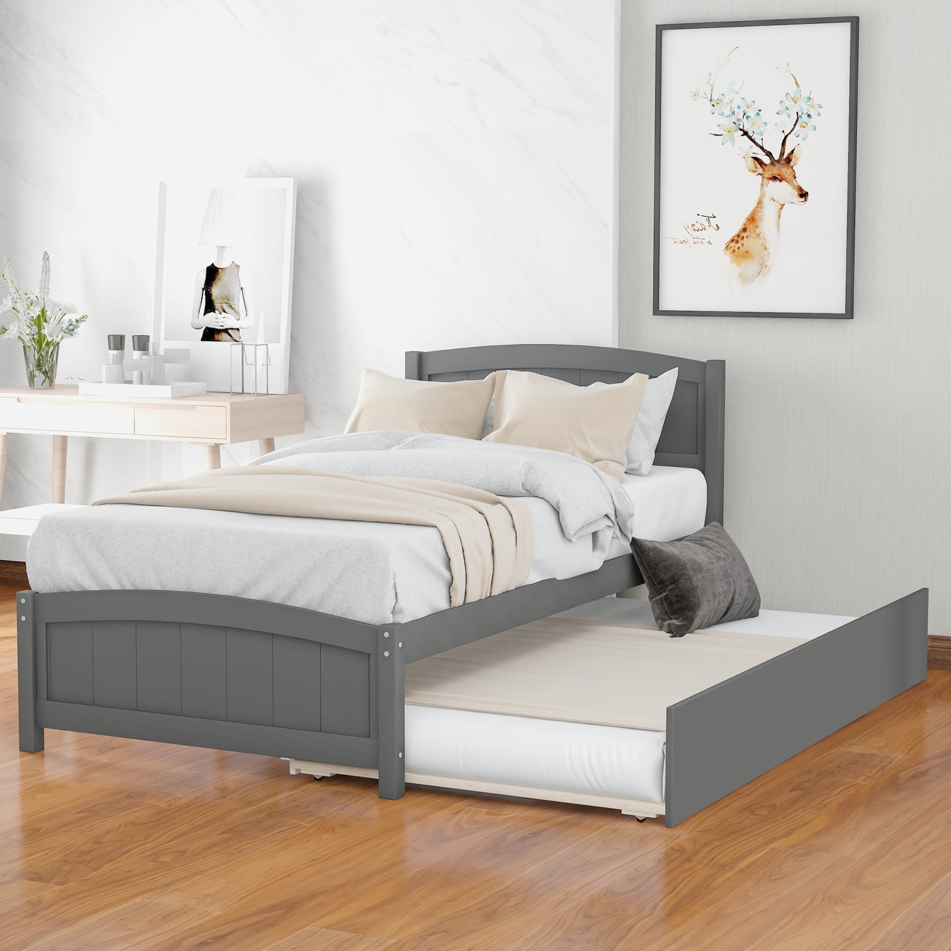 Twin Size, Platform Bed With Trundle - Gray - Image 2