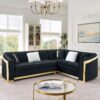 Shaped Chesterfield Sectional Sofa With Stainless Steel Accents Velvet Button Tufted Sofa With 5 Pillows Luxury Couch For Living Room - Black - Image 3