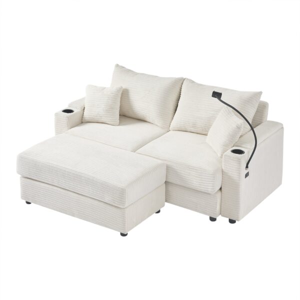 Modern Style Loveseat Sofa Sectional Sofa Couch With Storage Space, A Movable Ottoman, Two USB Ports, Two Cup Holders, A Phone Holder For Living Room - Beige
