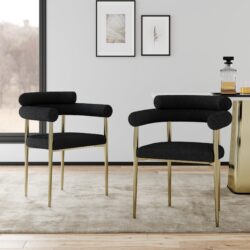 Dining Chairs (Set of 2), Mid-Century Modern Dining Chairs, Kitchen Dining Room Chairs, Round Boucle Backrest Sherpa Dining Chair With Brushed Bronze Metal Legs - Black