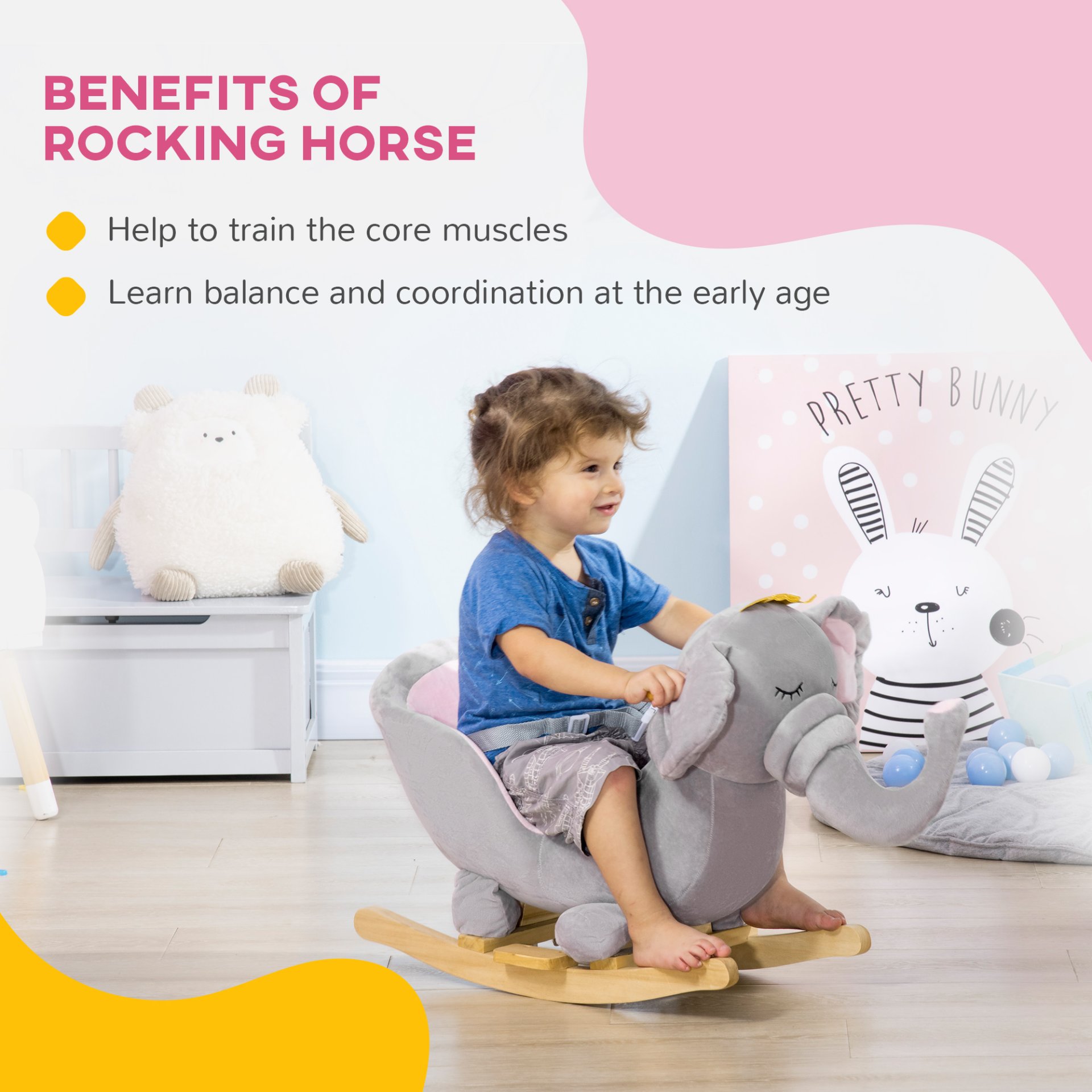 Qaba - Baby Rocking Horse Elephant Rocking Chair Toddler Rocker Toy With Sound Wooden Base Seat Safety Belt For 1.5-3 Year Old - Gray - Image 8