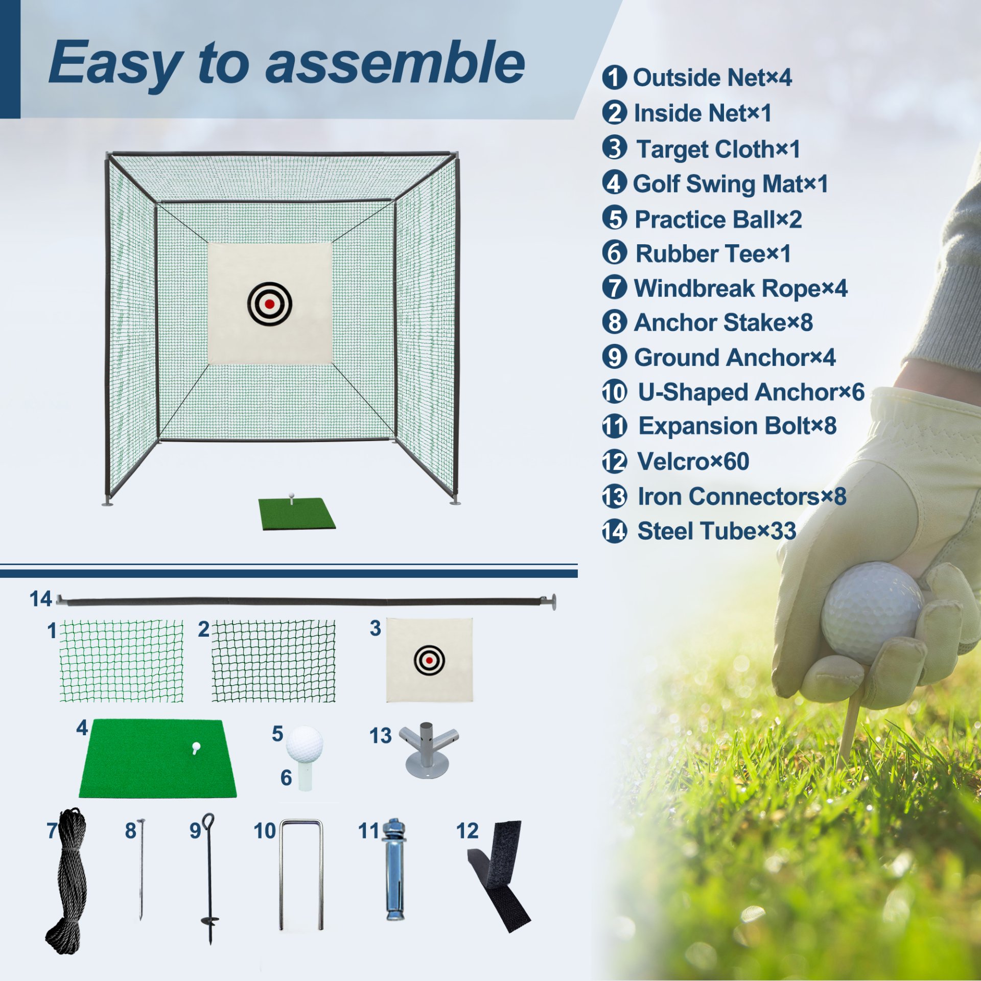 Golf Practice Net Cage With Metal Frame Hitting Net Kit Indoor Outdoor - Black - Image 4