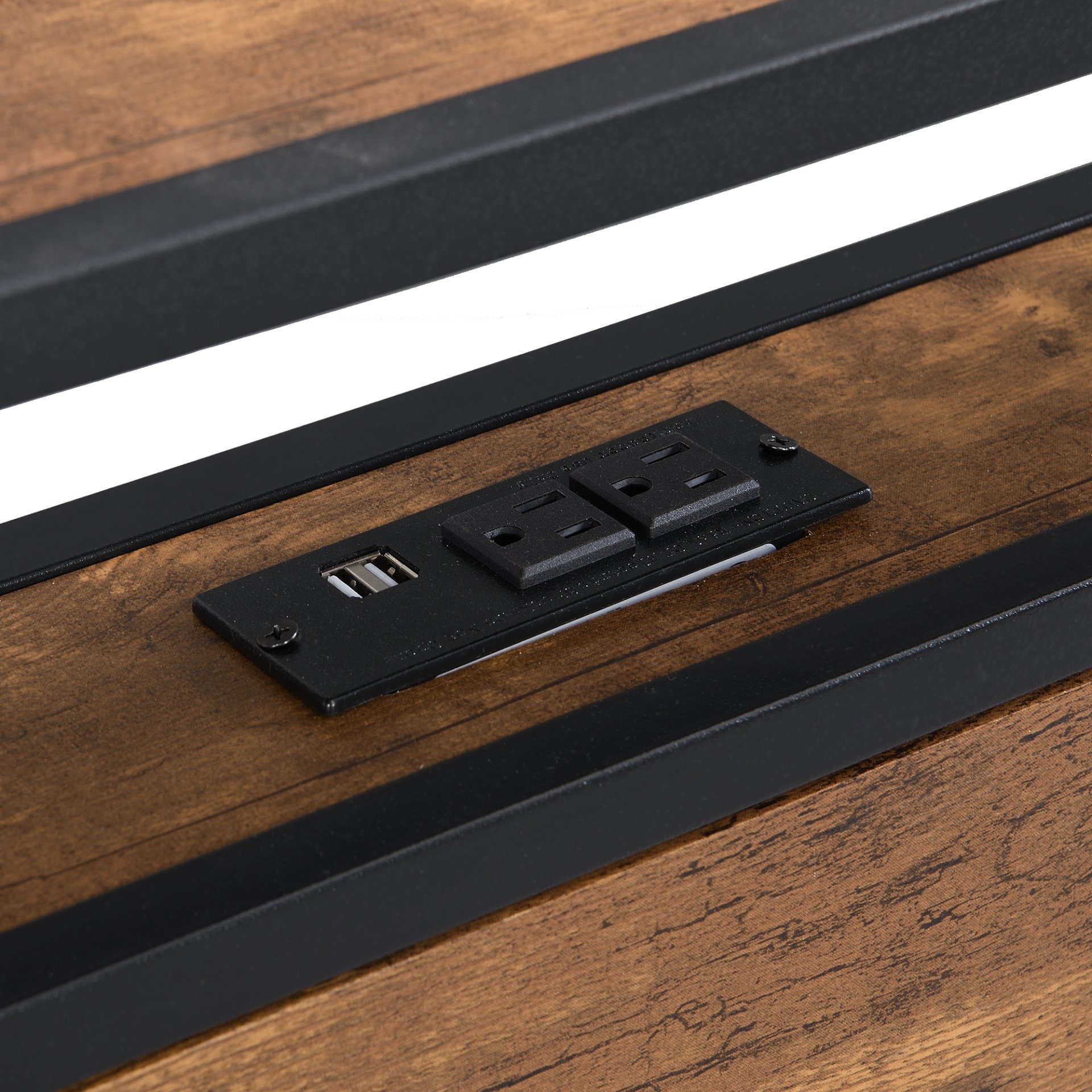 Full Size Metal Platform Bed Frame With Wooden Headboard And Footboard With USB Liner, No Box Spring Needed, Large Under Bed Storage - Brown - Image 8