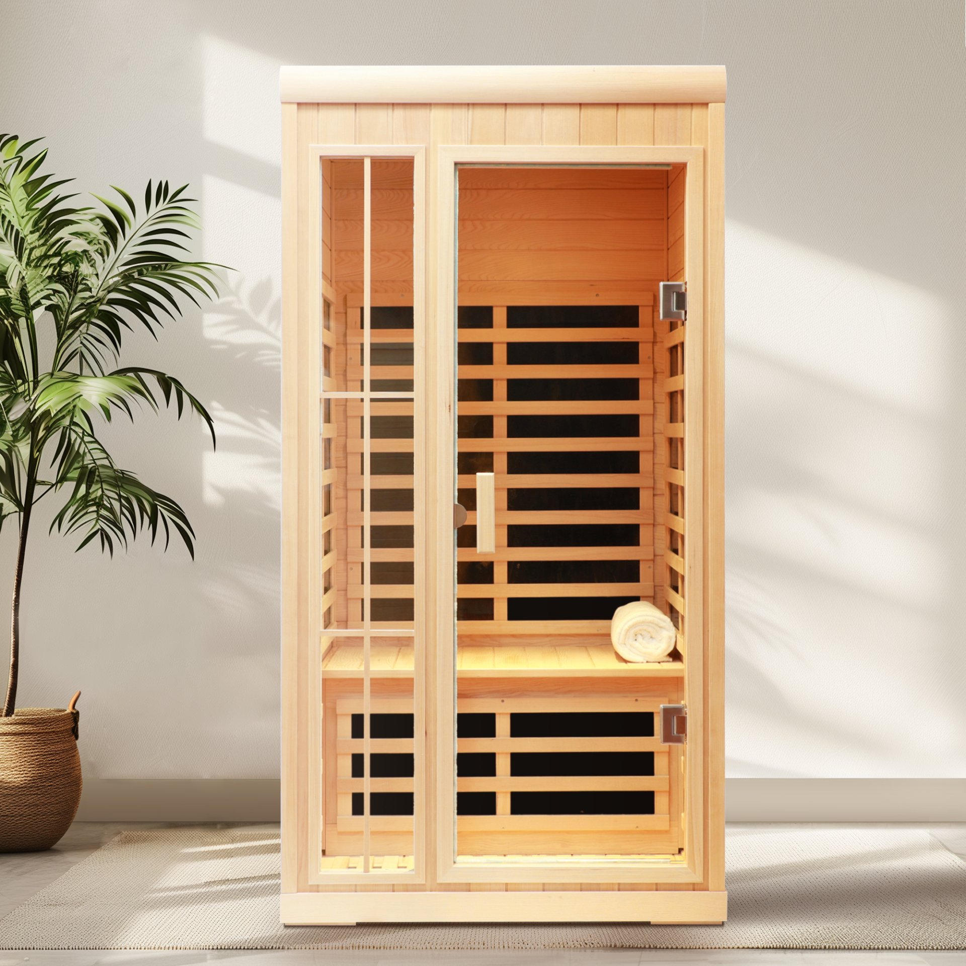 Deluxe Version Plus 1 Person Far Infrared Hemlock Sauna Room With LED Colour Lights - Natural - Image 2
