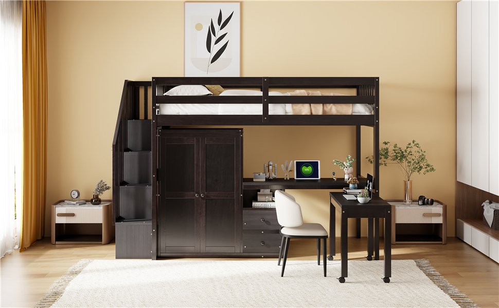 Twin Size Loft Bed With Stairs, Bookshelf, Drawers, Desk & Wardrobe, Space Saving Multifunctional Furniture - Espresso - Image 25