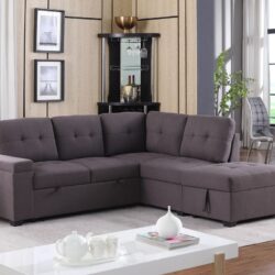 Katie - Linen Sleeper Sectional Sofa With Storage Ottoman, Storage Arm - Brown