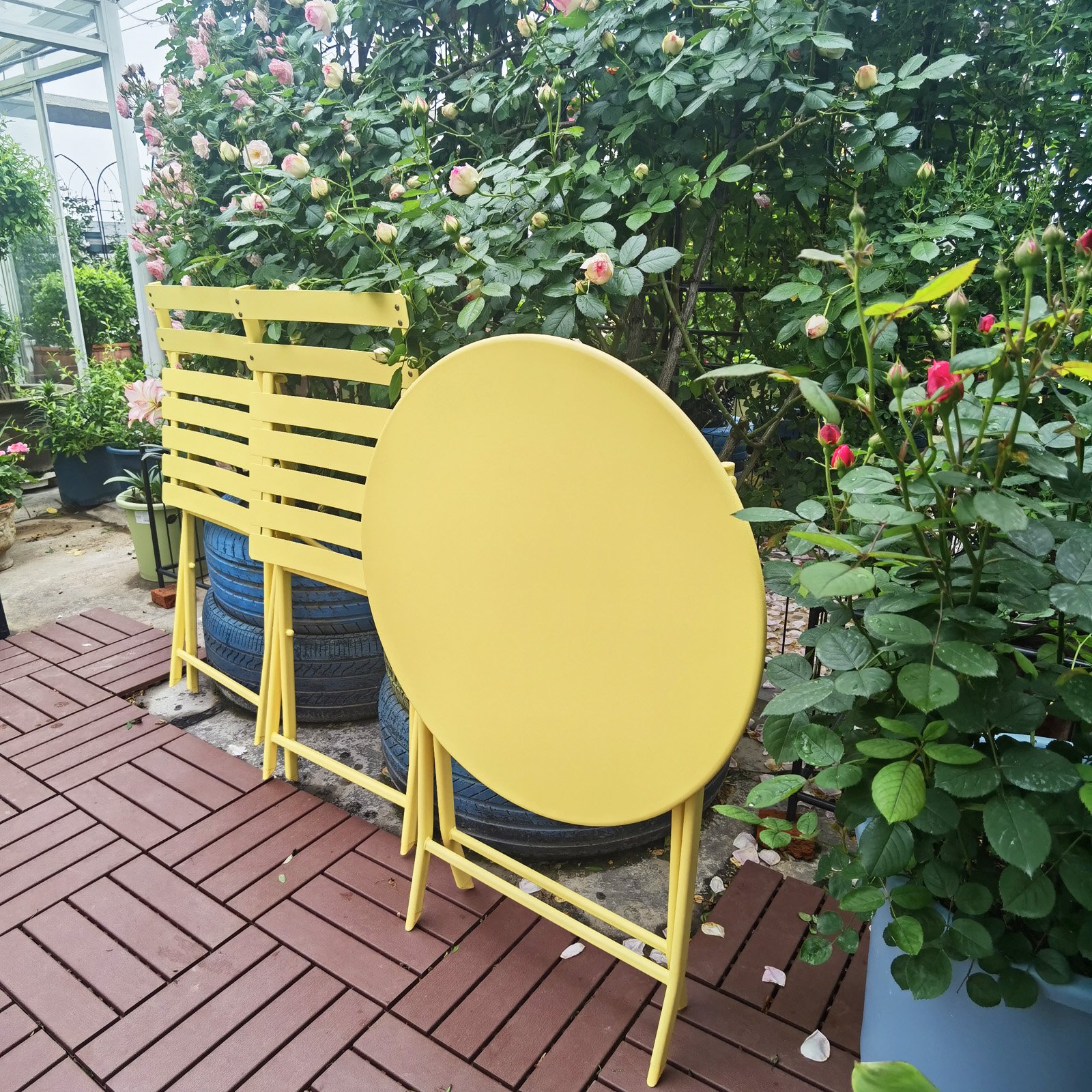 3 Piece Patio Bistro Set Of Foldable Round Table And Chairs - Yellow - Image 3