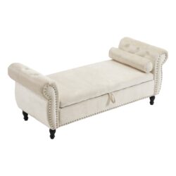Velvet Multifunctional Storage Rectangular Ottoman Bench With 1 Pillow - Beige