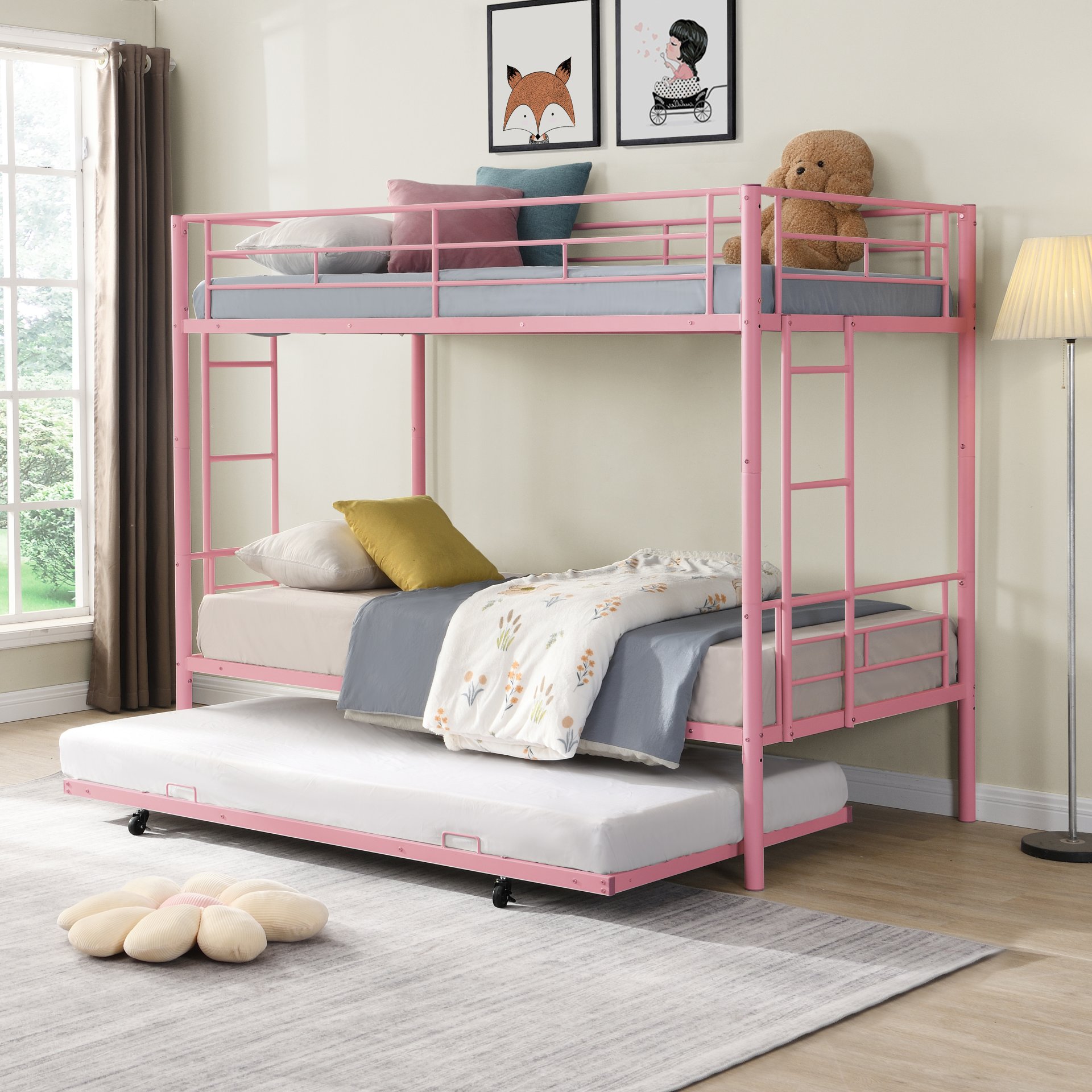 Modern Metal Bunk Bed With Trundle, Durable Steel, Twin Over Twin - Pink - Image 2