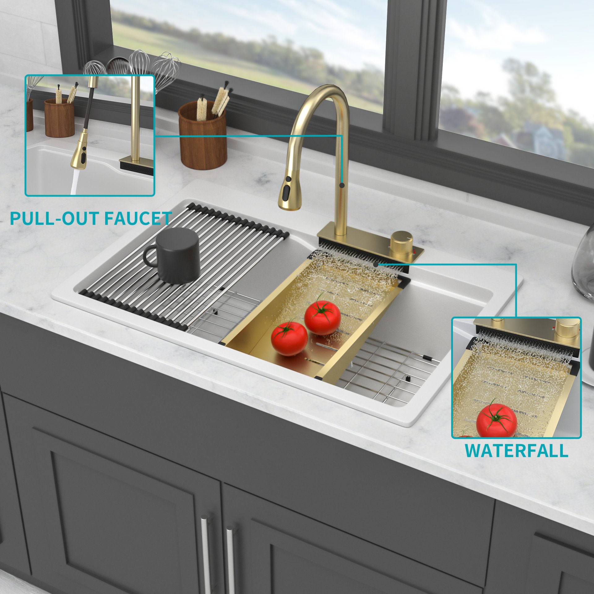 Drop In Waterfall Kitchen Sink With Pull Out Faucet - White - Image 5