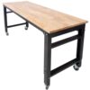 60" Wide Rolling Workbench For Garage, Adjustable Height, Workshop Tool Bench, Metal With Rubber Wood Top - Black / Light Brown - Image 7