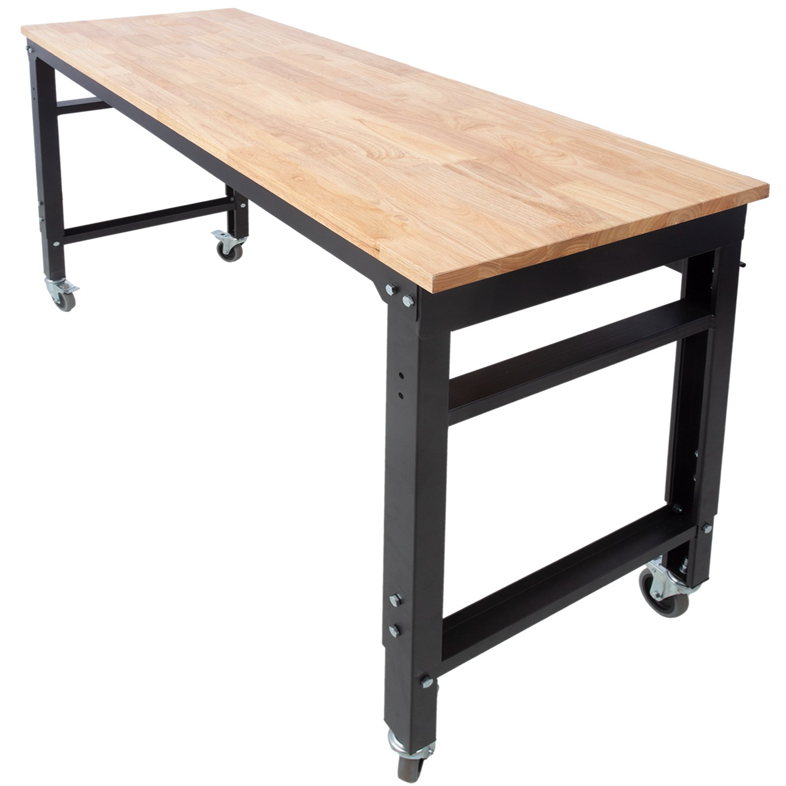 60" Wide Rolling Workbench For Garage, Adjustable Height, Workshop Tool Bench, Metal With Rubber Wood Top - Black / Light Brown - Image 7