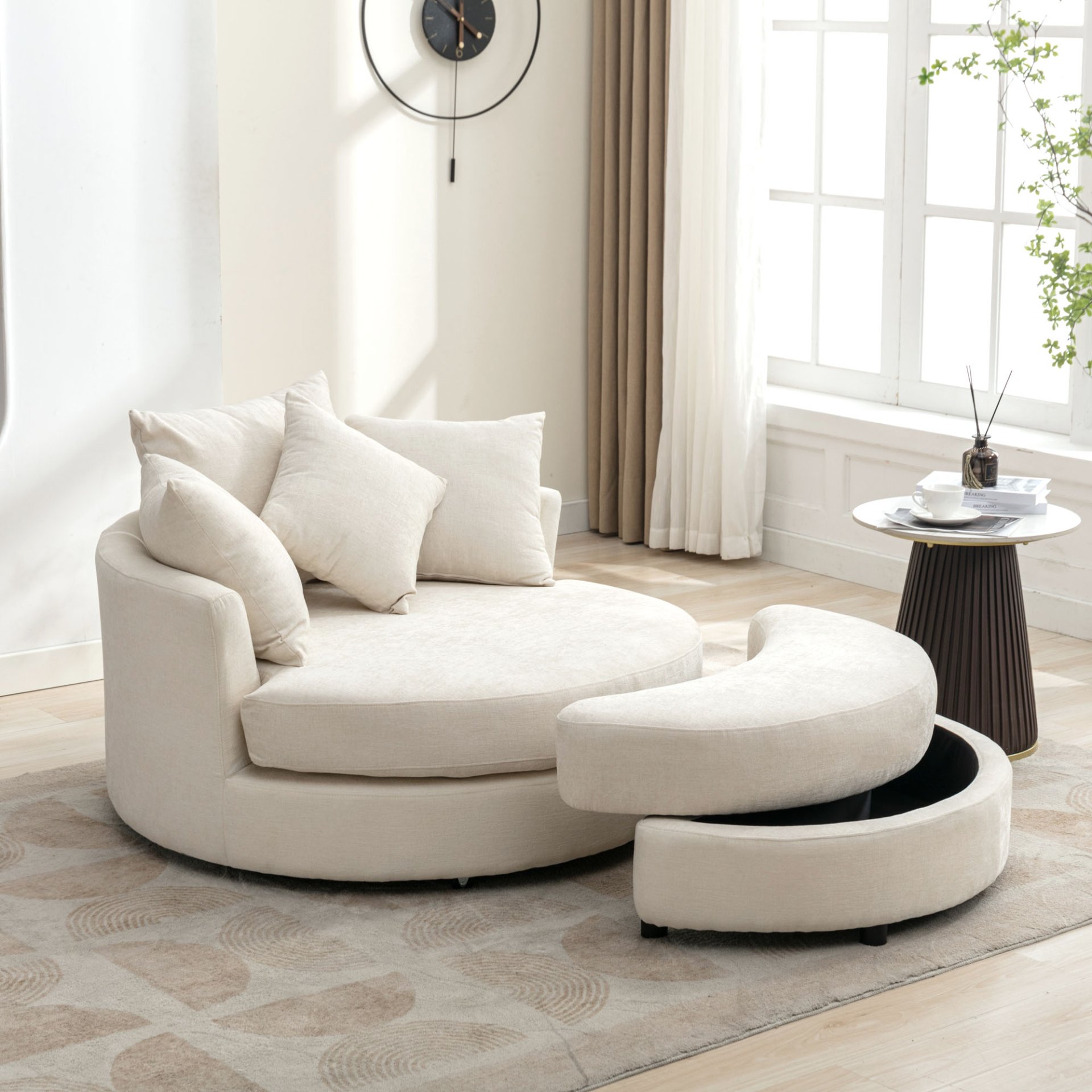 360° Swivel Accent Barrel Chair With Storage Ottoman & 4 Pillows, Modern Chenille Leisure Chair Round Accent For Living Room - Cream - Image 27