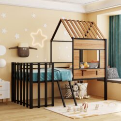 Twin Size Loft Bed With Roof, Window, Guardrail, Ladder - Black
