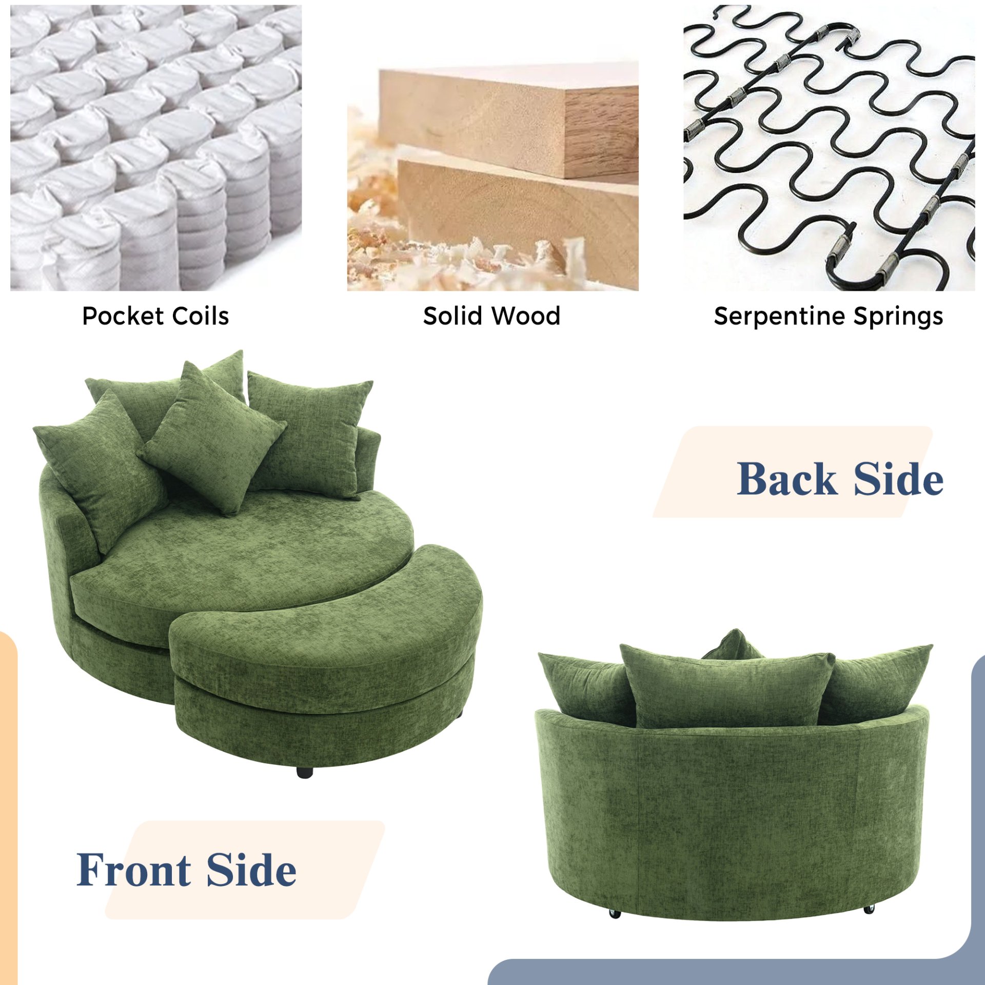 360° Swivel Accent Barrel Chair With Storage Ottoman & 4 Pillows, Modern Chenille Leisure Chair Round Accent For Living Room - Green - Image 6