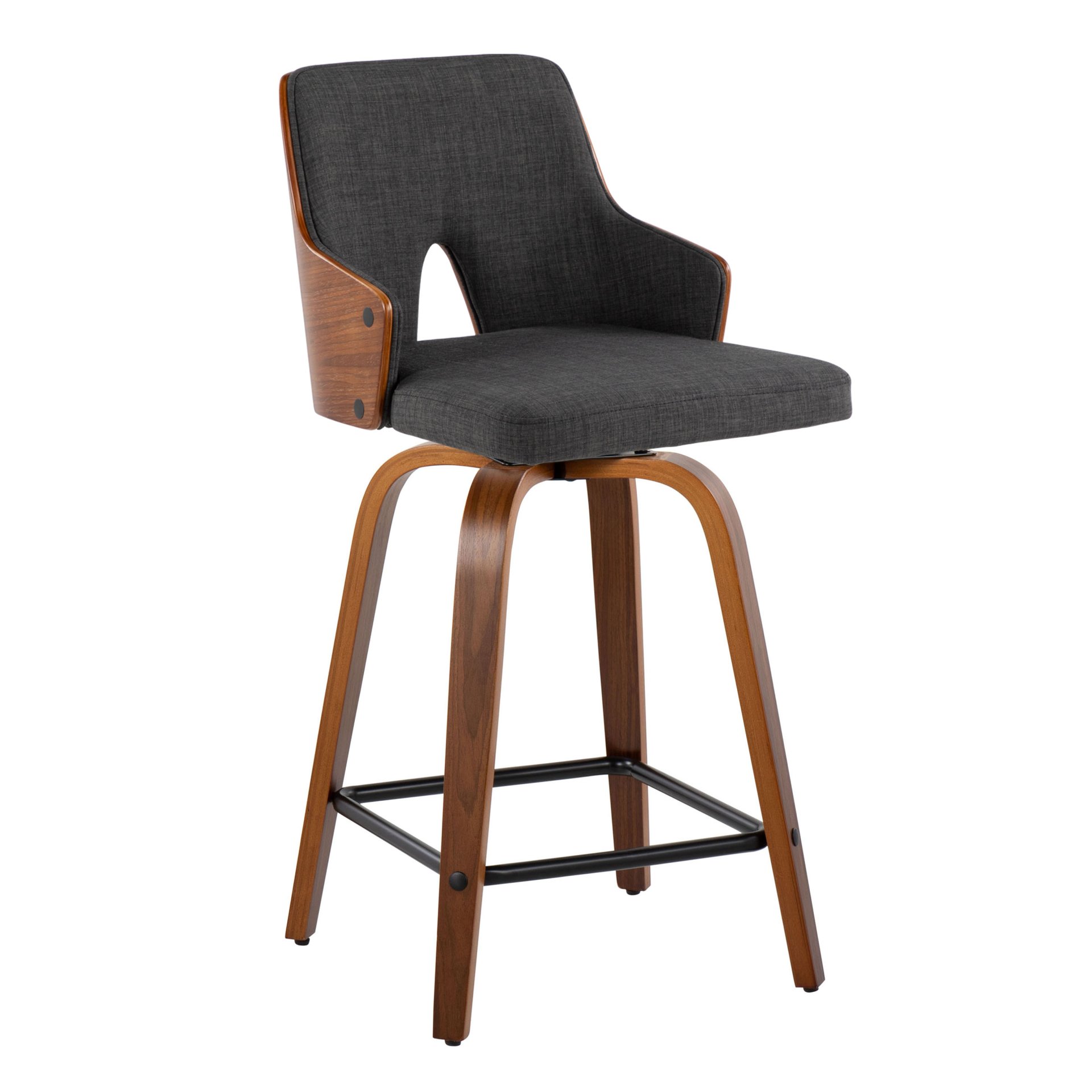 Stella - Mid-Century Modern Fixed Height Counter Stool With Swivel Square Footrest (Set of 2) - Walnut / Charcoal - Image 2