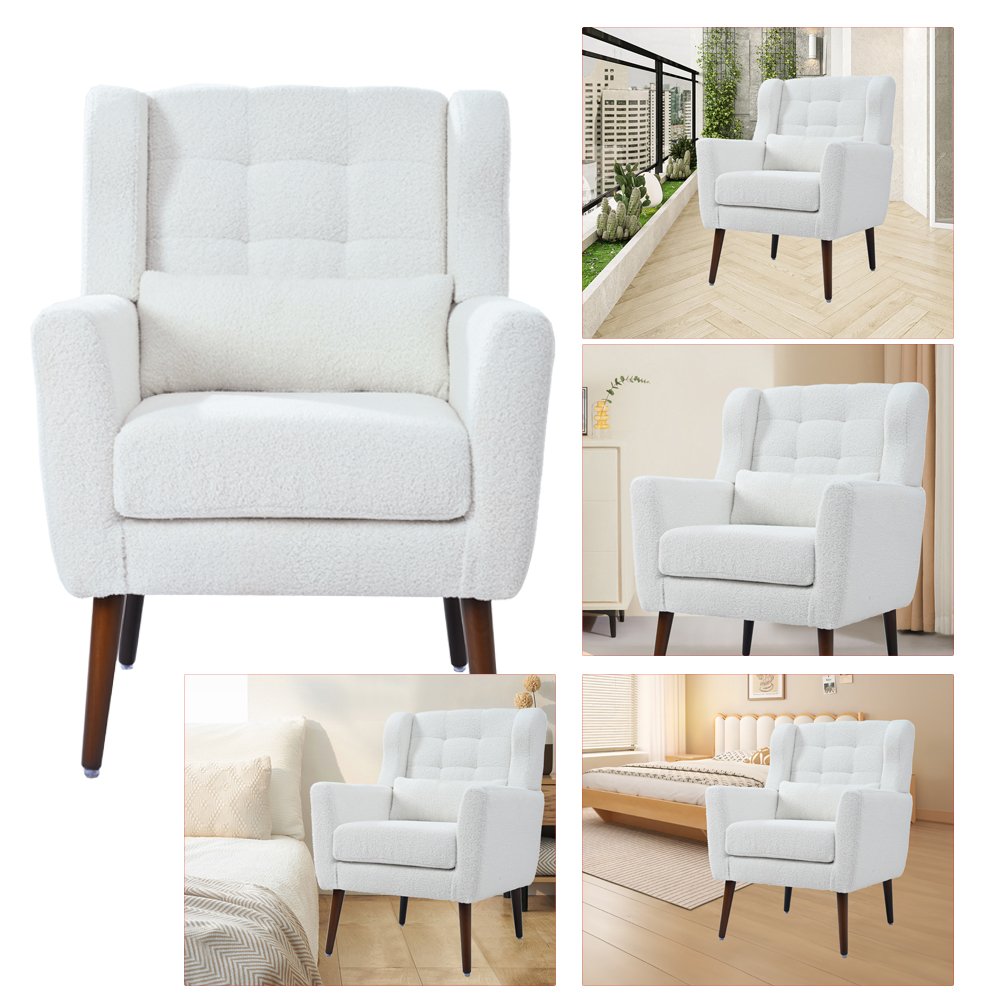 Modern Accent Chair, Teddy Fabric Living Room Chairs Comfy Reading Chair, Mid Century Accent Chair, Lounge Arm Chairs Armchair For Living Room Bedroom - White - Image 6