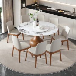 Round Modern Marble Dining Table With 8 Chairs - White / Wood