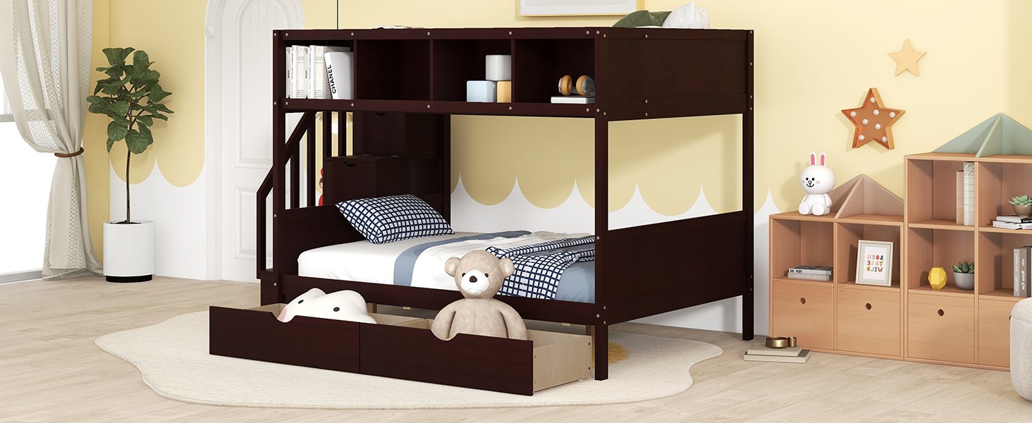 Twin Over Full Bunk Bed With Shelfs, Storage Staircase And 2 Drawers - Espresso - Image 17