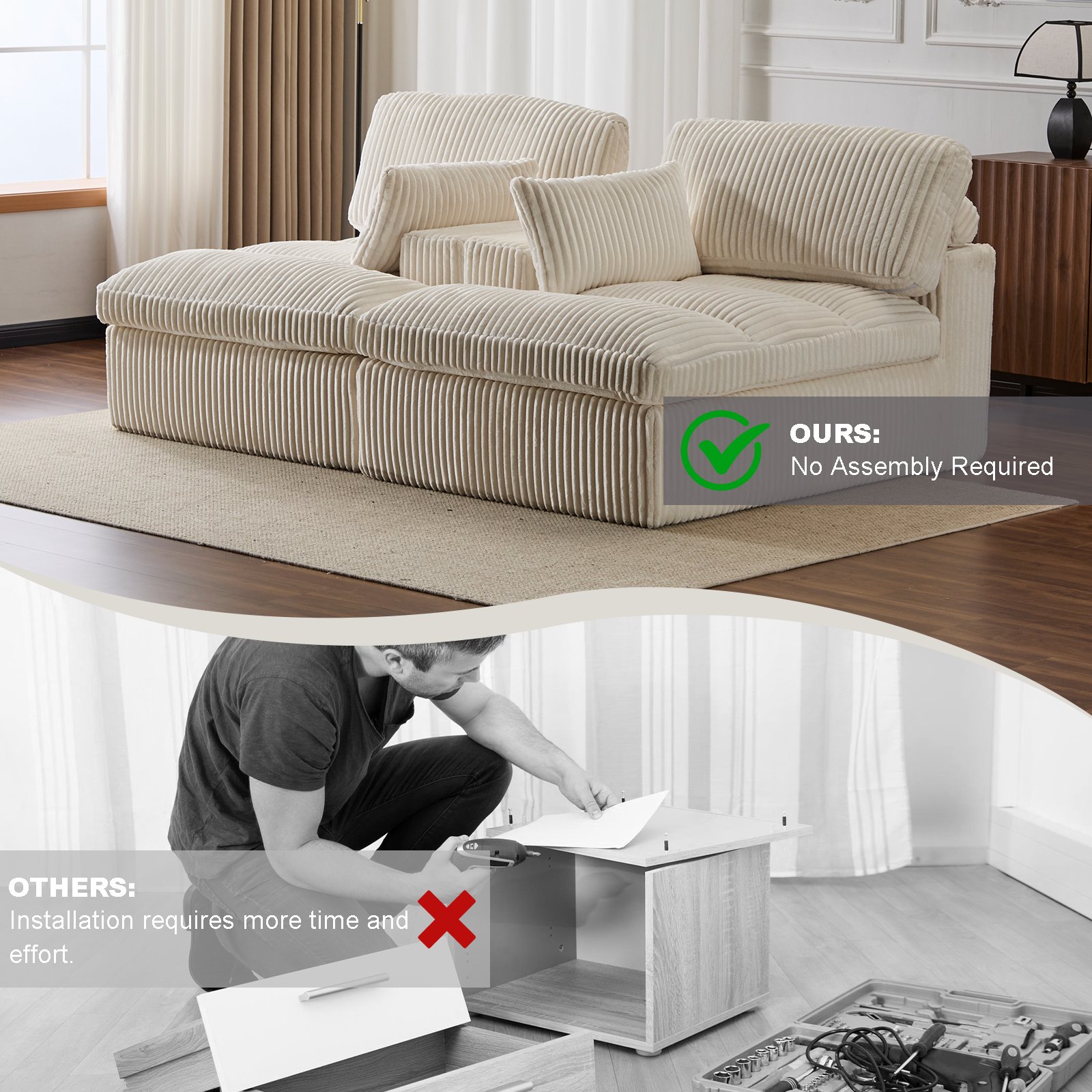 Double Chaise Lounge Chair Indoor, Oversized Upholstered Sleeper Cloud Couch, Deep Seat Sofa Bed - White - Image 9