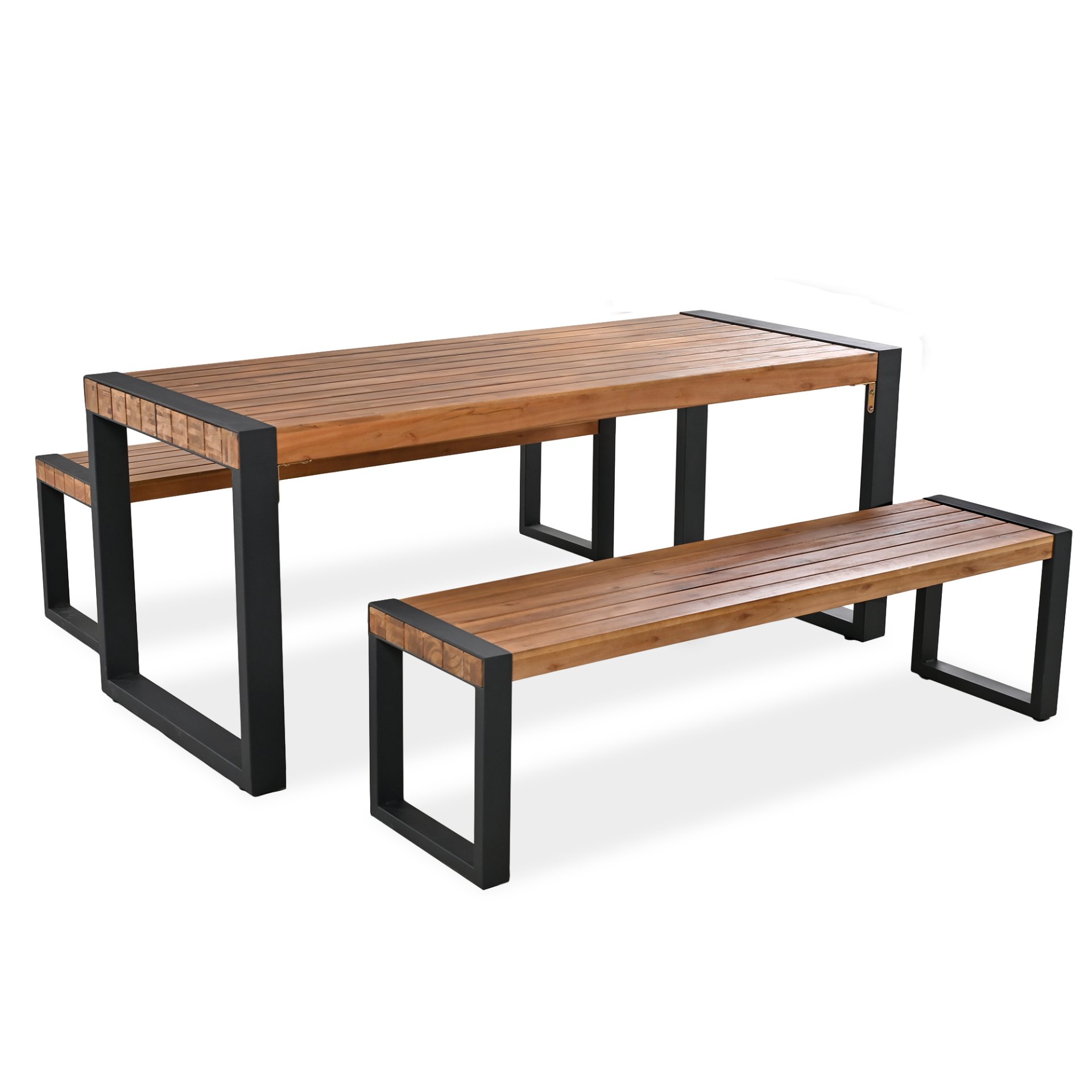 3 Pieces Outdoor Dining Table With 2 Benches, Patio Dining Set With Unique Top Texture, Acacia Wood Top & Steel Frame, All Weather Use, For Outdoor & Indoor - Natural - Image 11