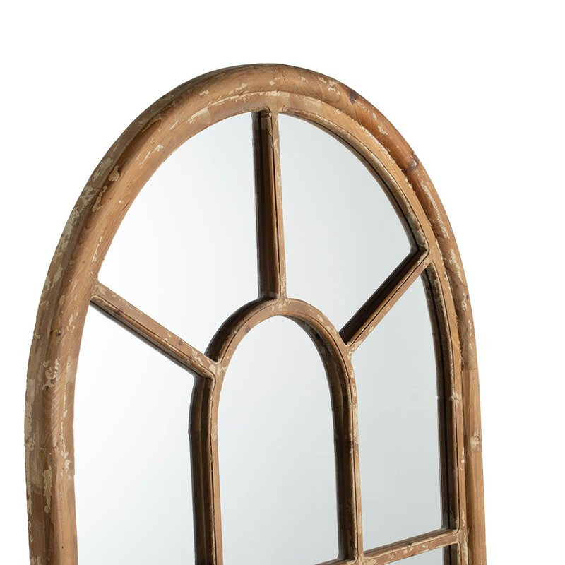 Half Round Elongated Mirror With Decorative Window Look Classic Architecture Style Solid Fir Wood Interior Decor - Brown - Image 8