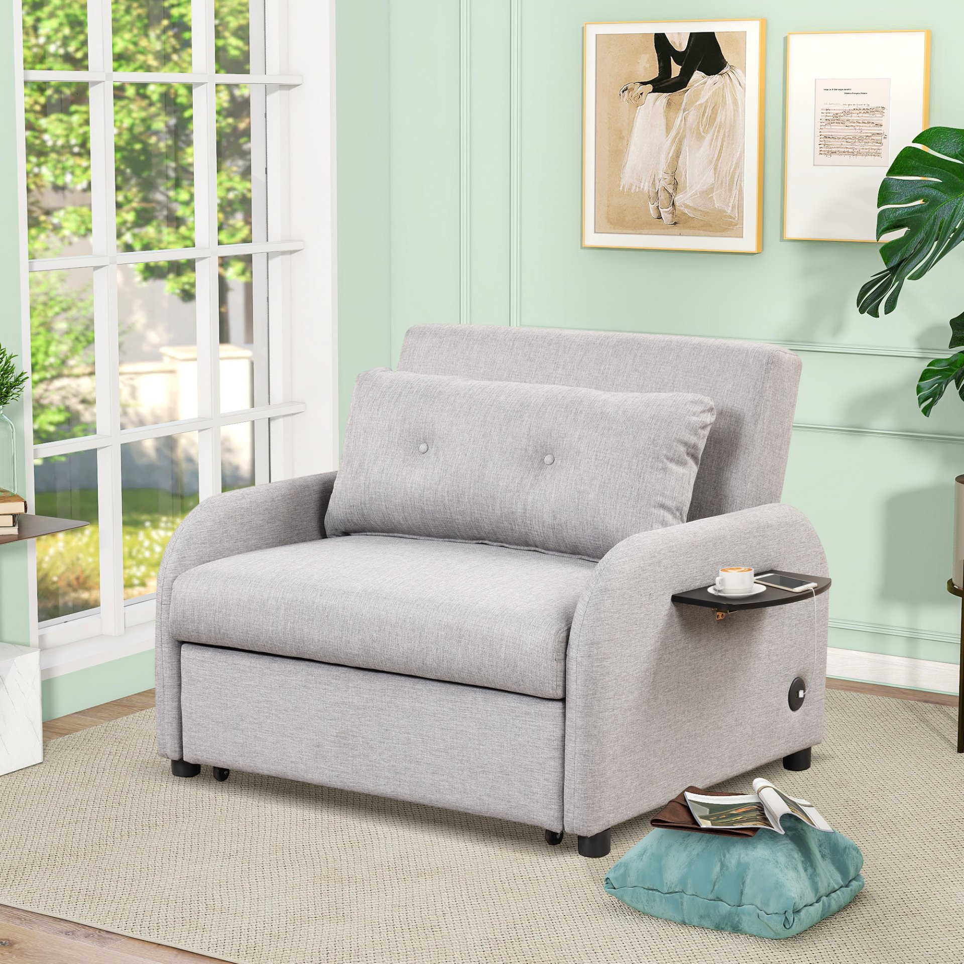3 In 1 Pull Out Sofa Sleeper With Wing Table And USB Charge - Gray - Image 2