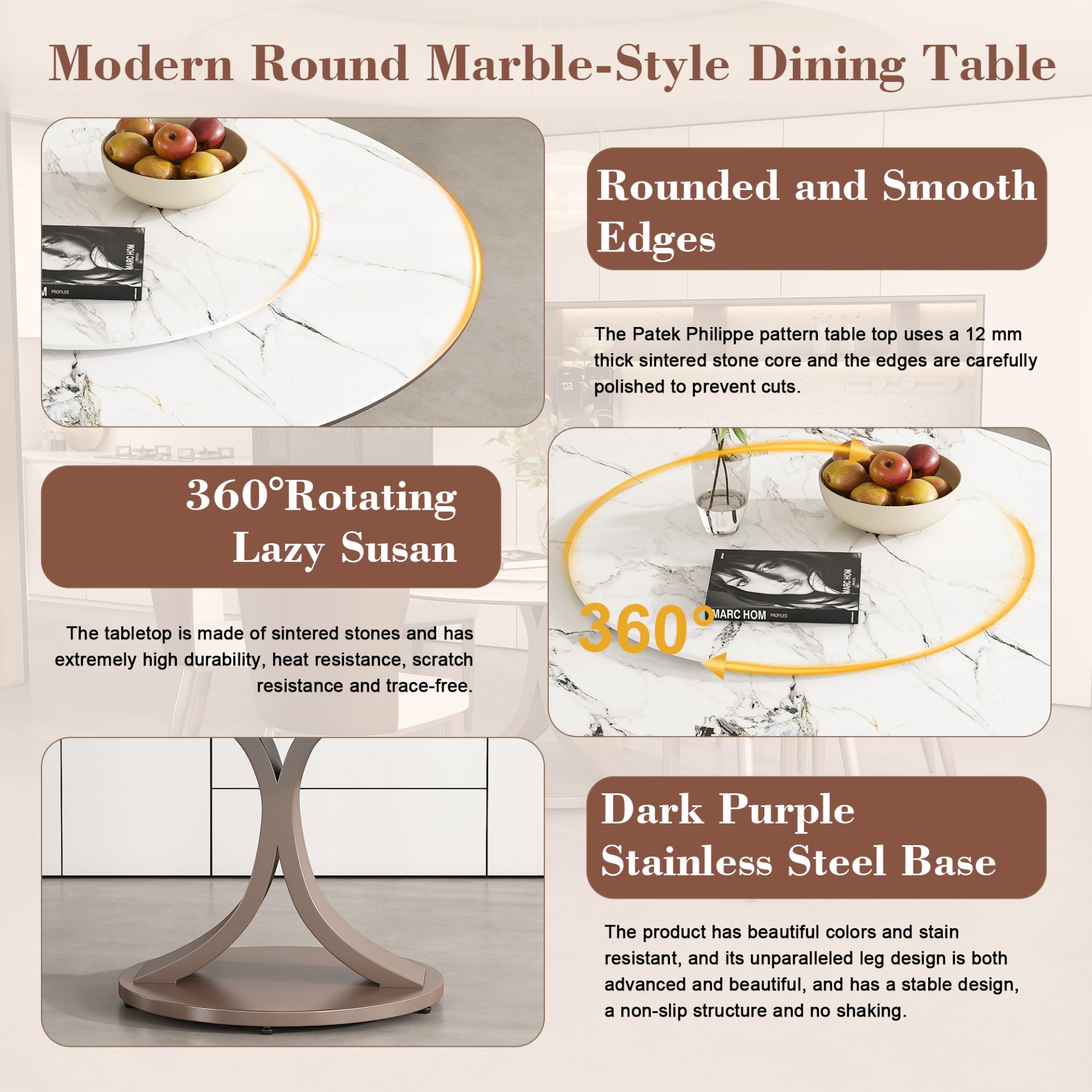 Round Dining Table With 360° Rotating Lazy Susan For Dining Room & Kitchen, 6 Chairs - White - Image 7