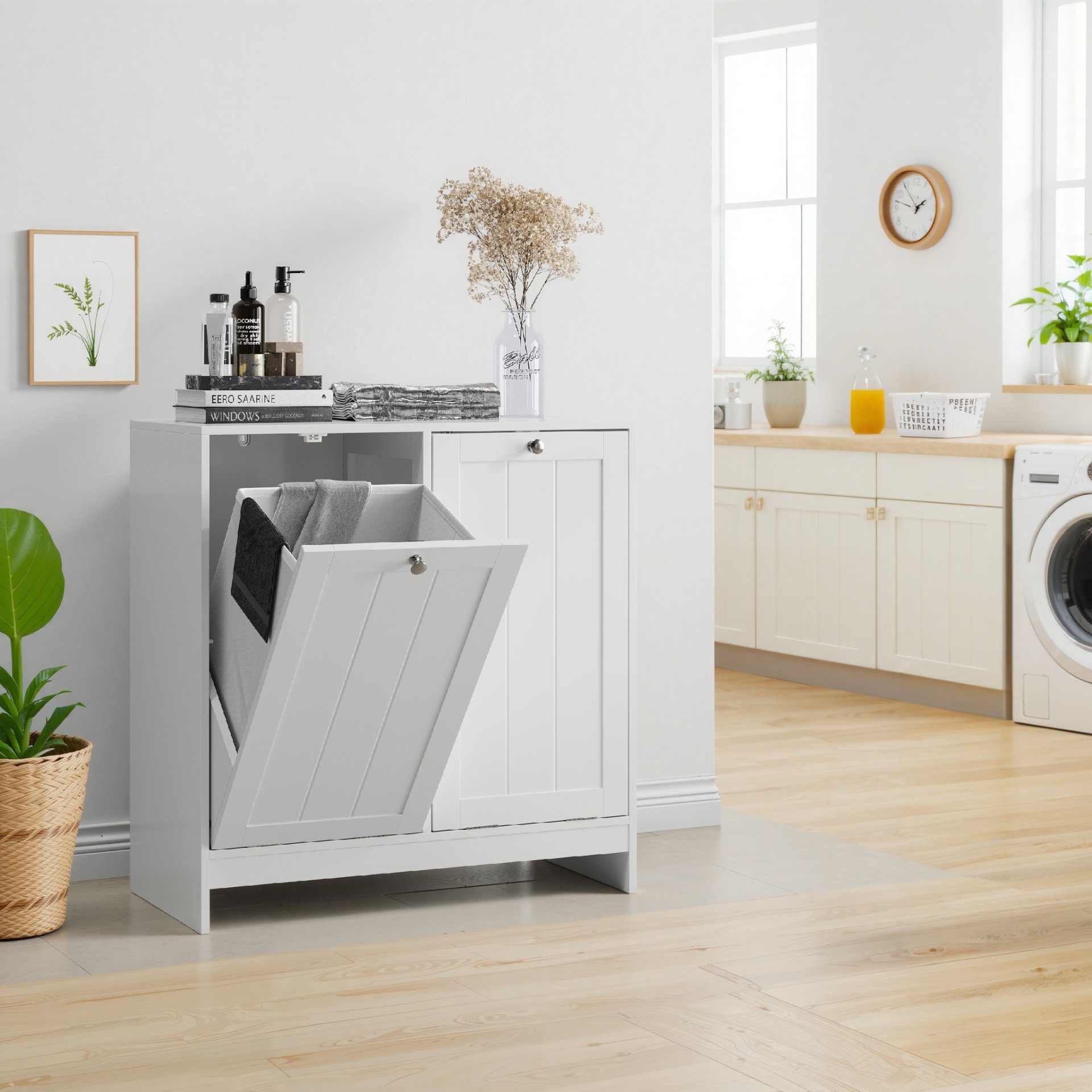 Tilted Laundry Hamper With Removable Basket, Hidden Laundry Hamper, Bathroom Storage Cabinet, Free Standing Organizer - White - Image 2