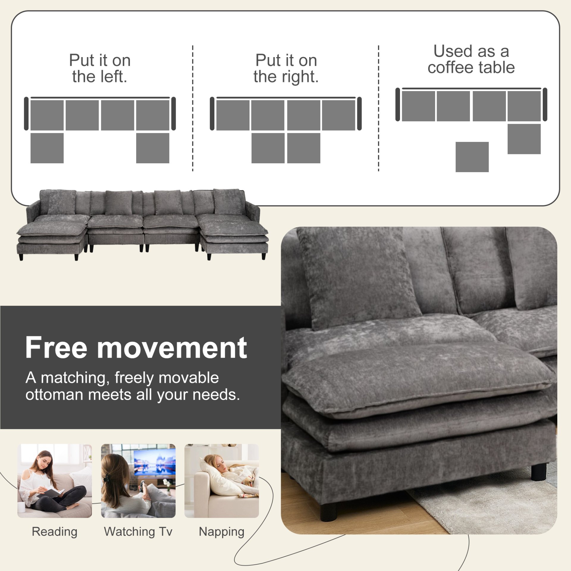 Modular U Shaped Sofa, With Adjustable Layout For Comfort And Durability - Gray - Image 5