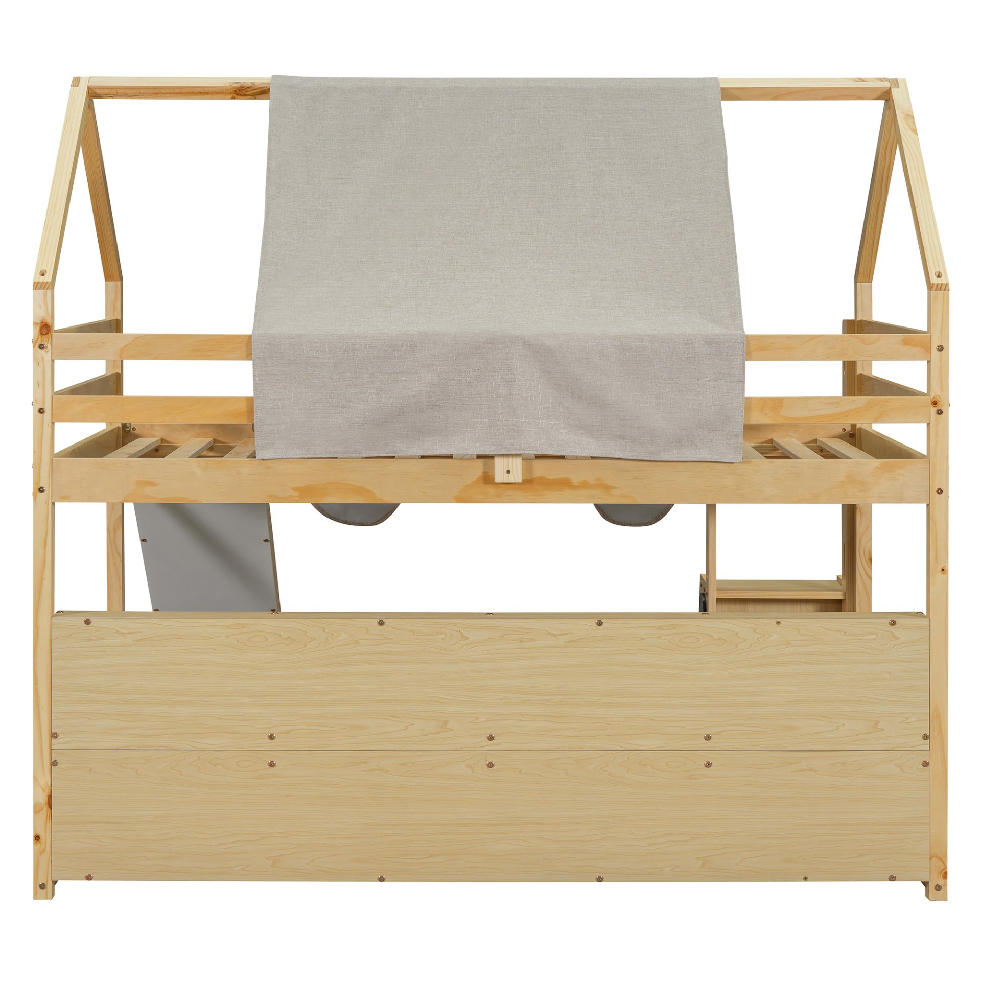 Twin Size Loft Bed With House Shaped Frame And Tent - Natural / Beige - Image 12