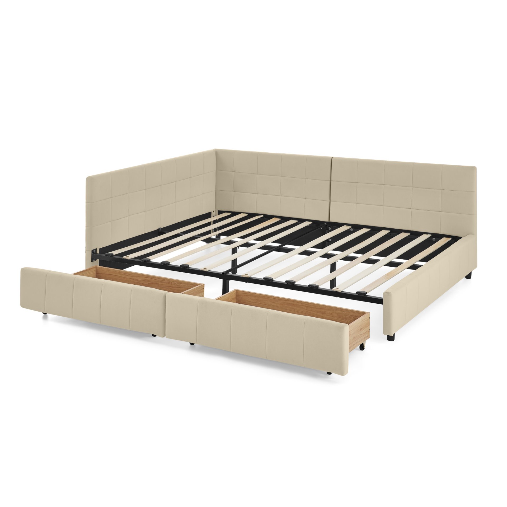 Mid Century Full Size Storage Upholstered Tufted Bed Frame With Backrest And Armrests Velvet - Beige - Image 15