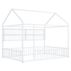 Full Size Bed House Frame With Fence And Shelves - White