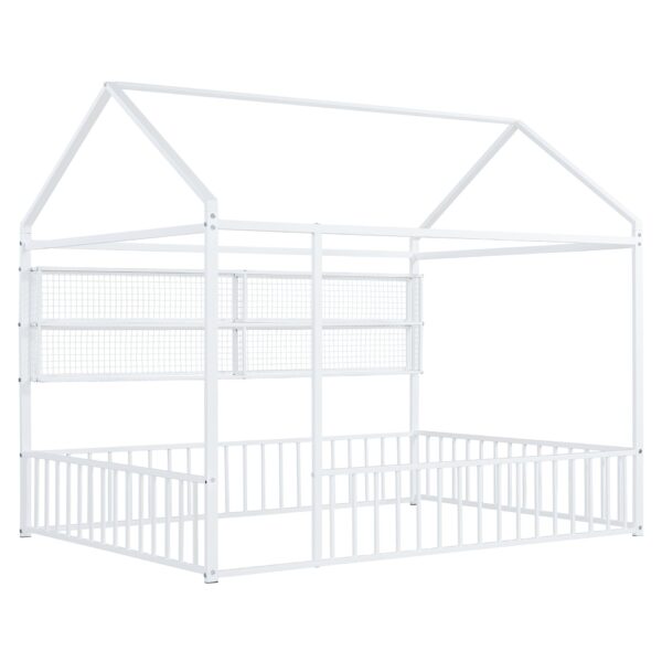 Full Size Bed House Frame With Fence And Shelves - White