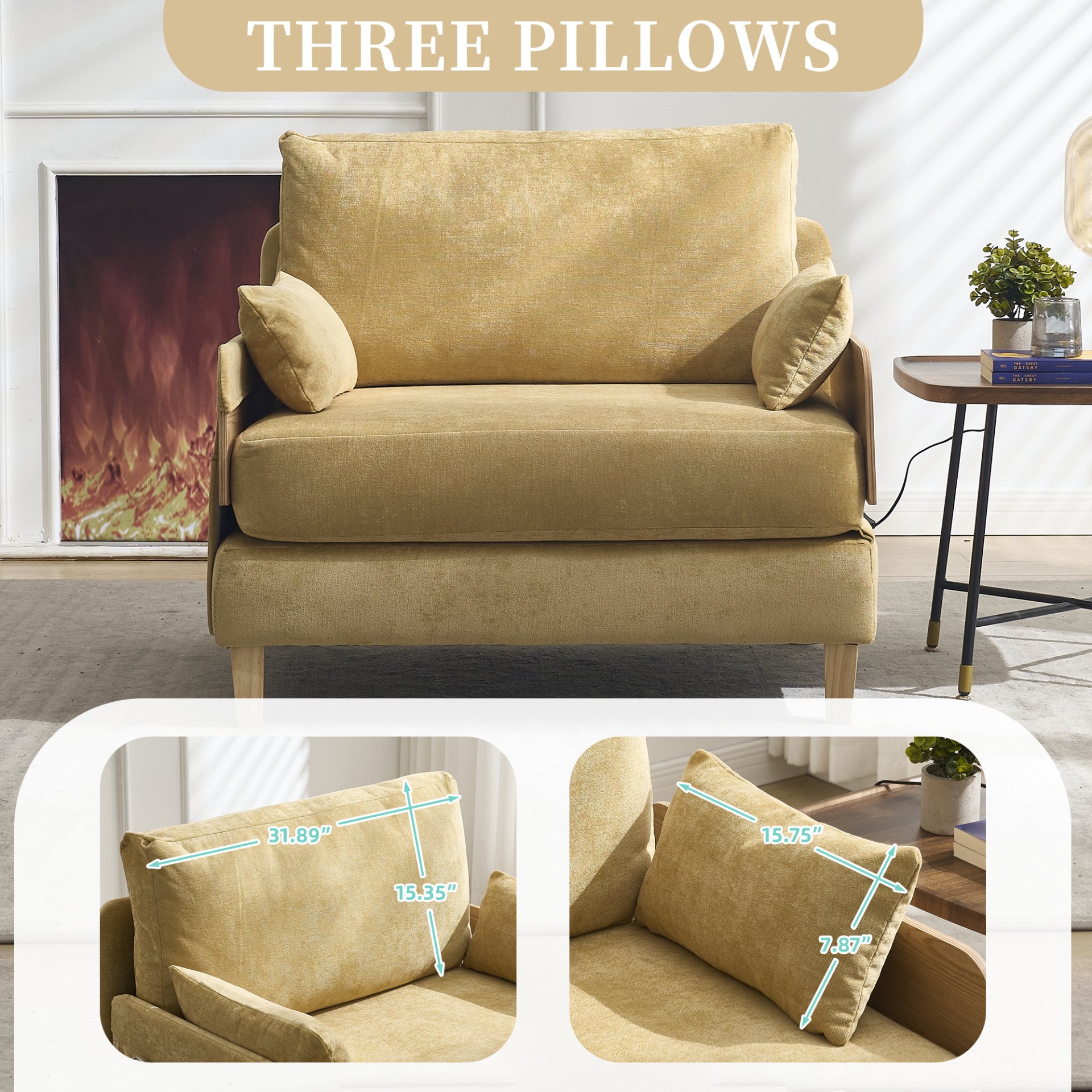 Mid Century Modern Foldable Sofa Bed Recliner, 3 - 1 Convertible Sleeper With 3 Pillows - Mustard Yellow - Image 9