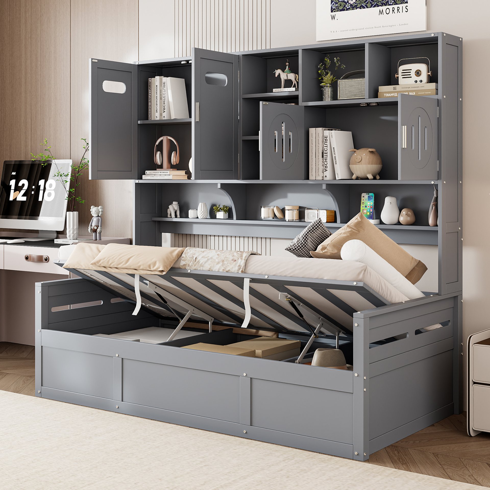 Twin Size Wooden Daybed With Hydraulic Bed And All In One Cabinet And Shelf - Gray - Image 2