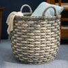 Round Resin Woven Wicker Multi Use Storage Basket With Handles - Cream / Gray - Image 6
