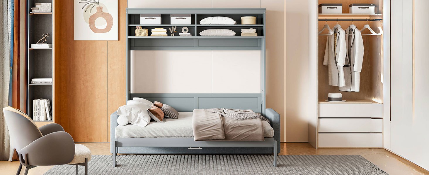 Queen Size Murphy Wall Bed With Sofa - Gray - Image 24