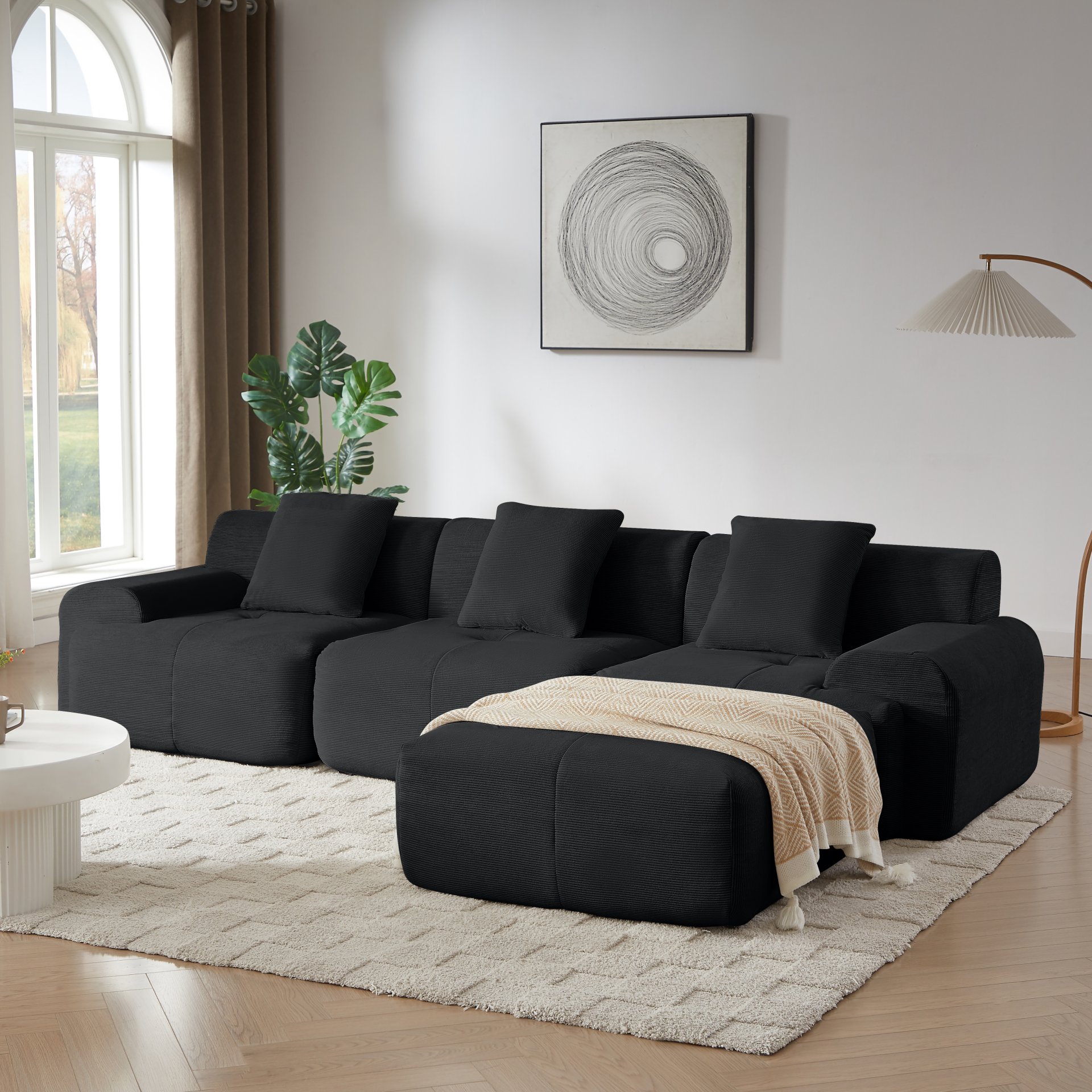 L Shaped Modular Sectional Sofa, Oversized 3 Seater With Deep Seat And Movable Ottoman - Black - Image 2