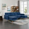 Elegant Convertible L - Shape Sectional Sofa Couch With Movable Ottoman, Velvet Upholstery - Blue - Image 9