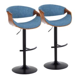 Curvo - Mid-Century Modern Adjustable Barstool With Swivel With Rounded T Footrest (Set of 2) - Black / Walnut / Blue