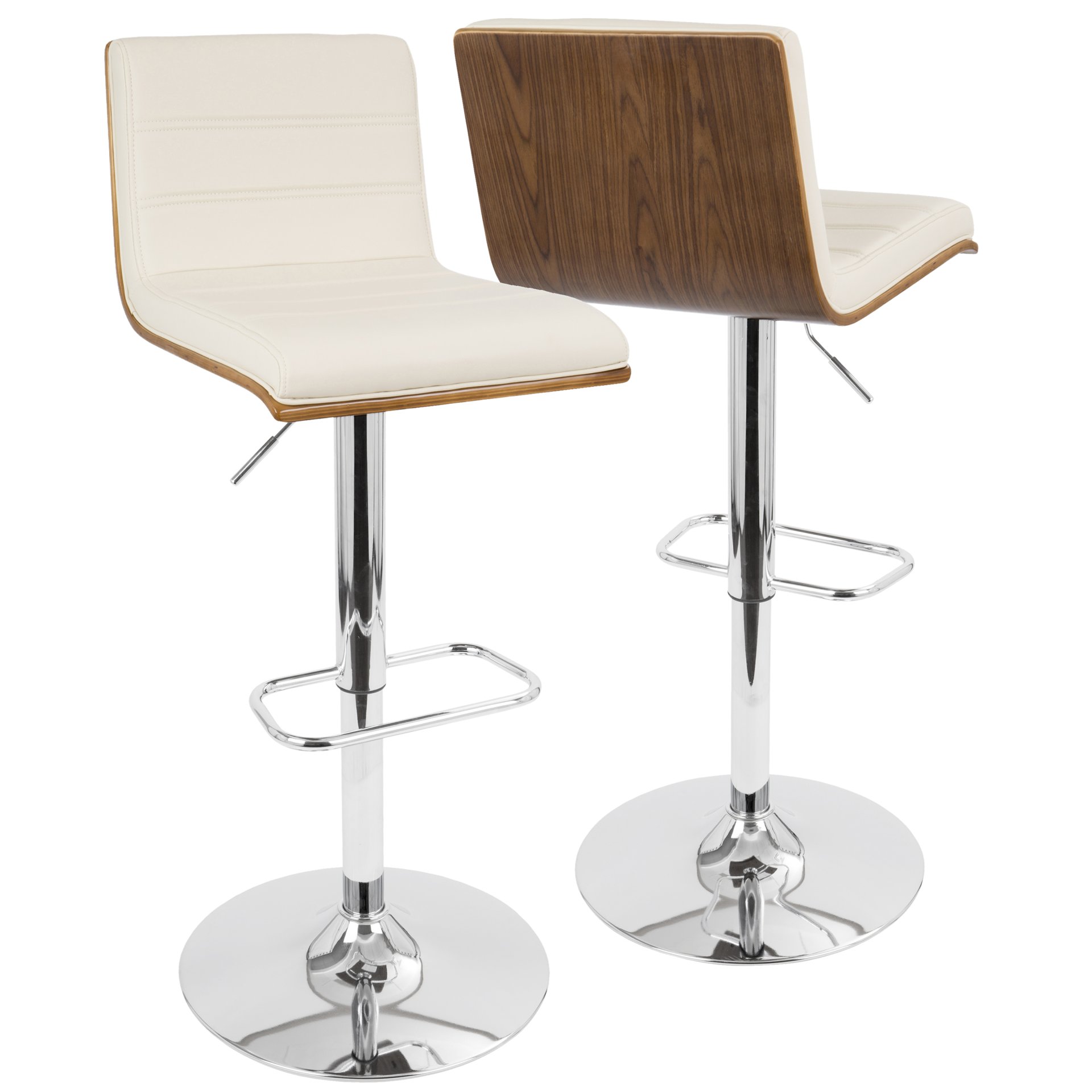 Vasari - Mid-Century Modern Adjustable Barstool With Swivel (Set of 2) - Chrome / Walnut / Cream - Image 2