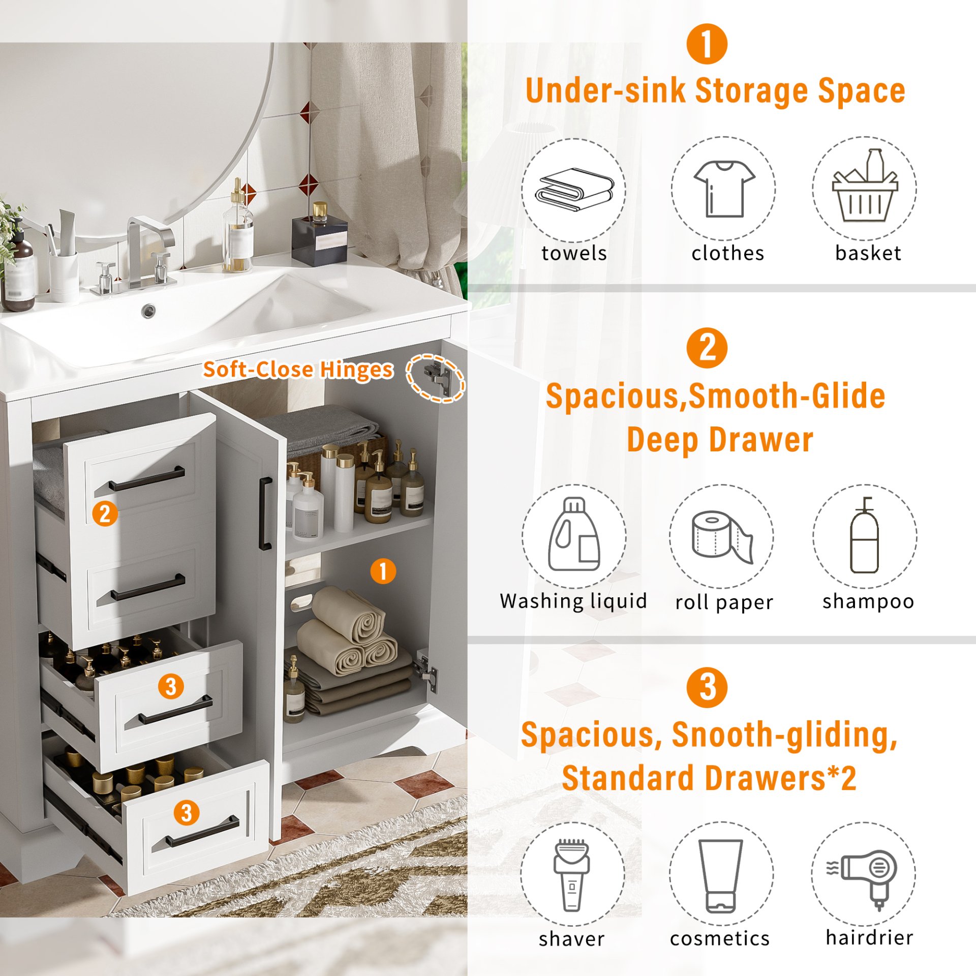 36" Bathroom Vanity With Sink, Soft Close Doors, Adjustable Shelf & 3 Drawers - White - Image 7