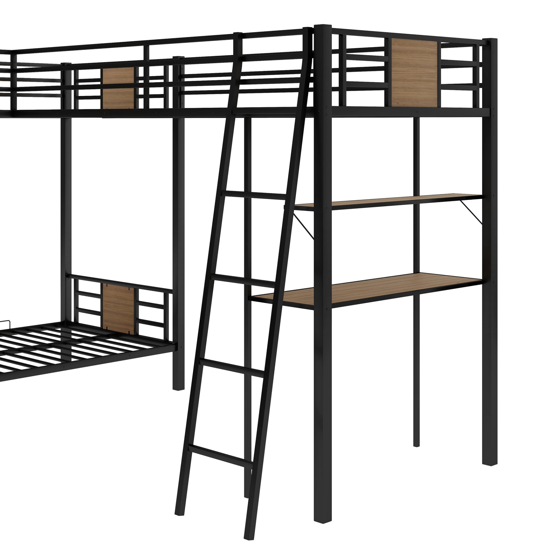 L-Shaped Twin Over Twin Bunk Bed With Twin Size Loft Bed With Desk And Shelf - Brown - Image 8