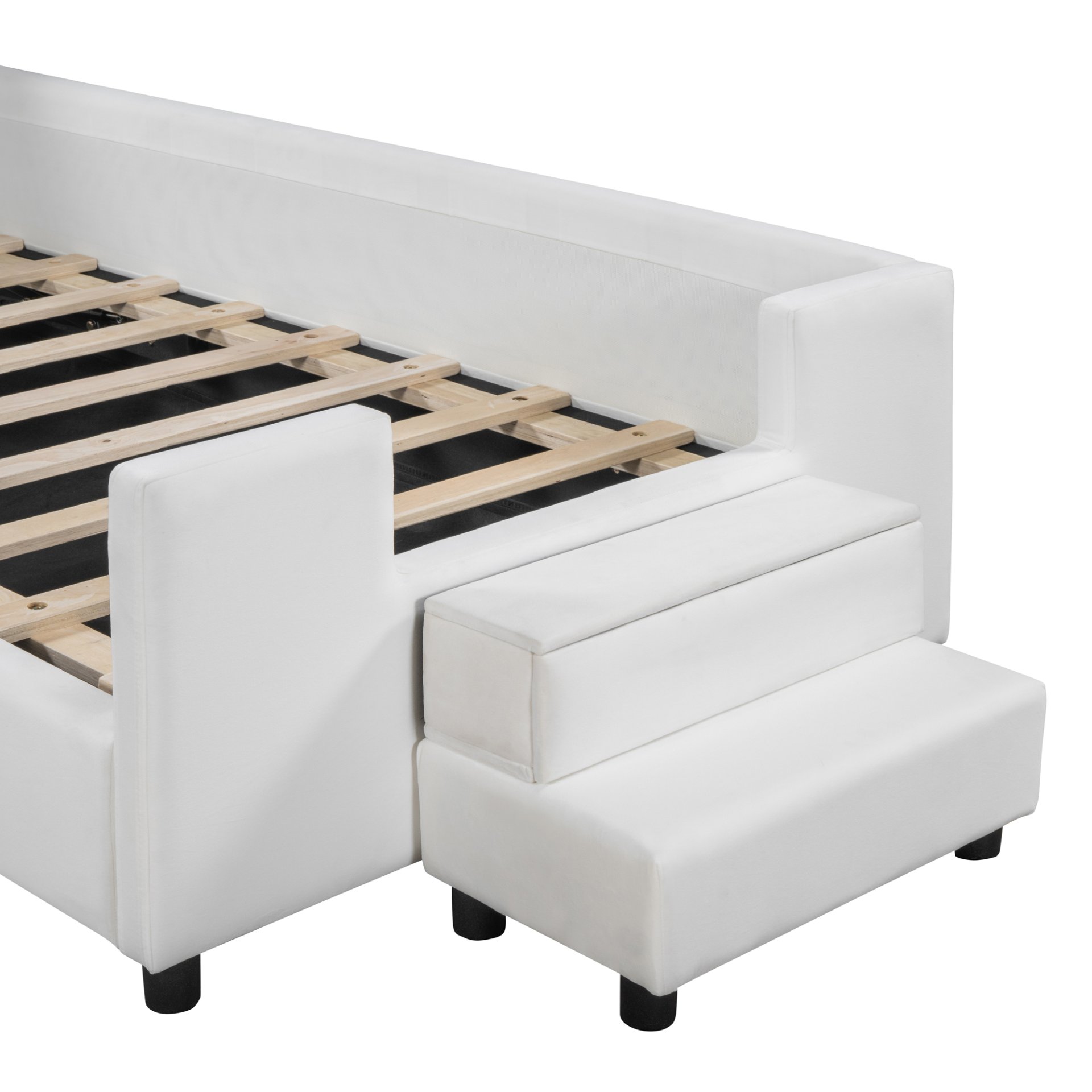 Twin Size Upholstered Daybed With Bear Shaped Headboard, Hydraulic System And Breathable Mesh Fence - White - Image 14