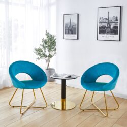 Modern Accent Velvet Chairs (Set of 2) Dining Chairs Single Sofa Comfy Upholstered Arm Chair Living Room Furniture Mid-Century Leisure Lounge Chairs With Golden Metal Frame Legs - Light Blue
