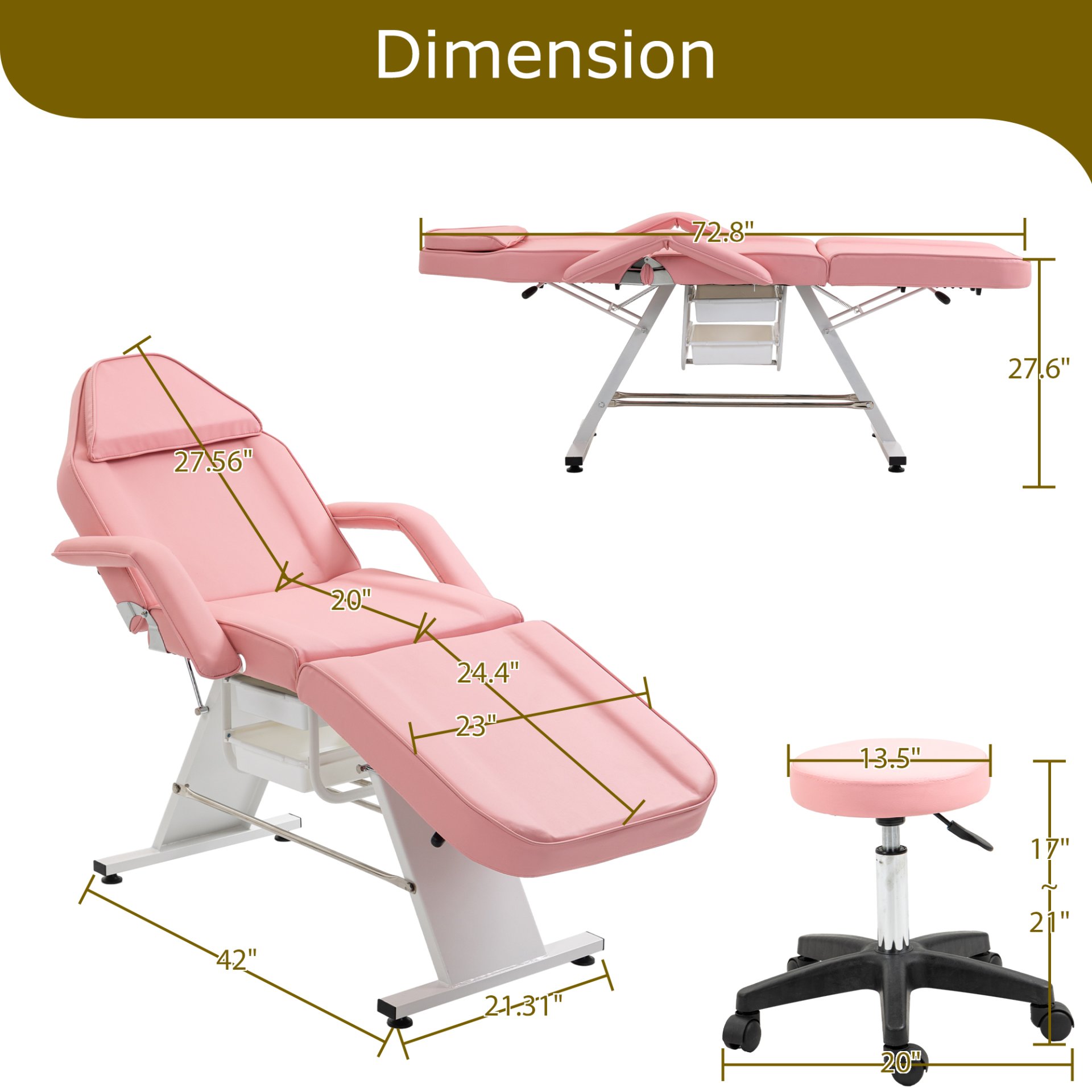 Massage Salon Tattoo Chair With Two Trays Esthetician Bed With Hydraulic Stool, Multi-Purpose 3-Section Facial Bed Table, Adjustable Beauty Barber Spa Beauty Equipment - Pink - Image 3